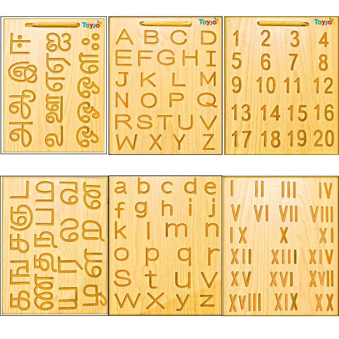 Wooden Tracing Board Combo Set for Kids | English, Math, Tamil Alphabet Letter Engraved Double-Sided Learning Tool | Montessori Learning Writing Slate with Stylus Pen for Ages 2–5 Years