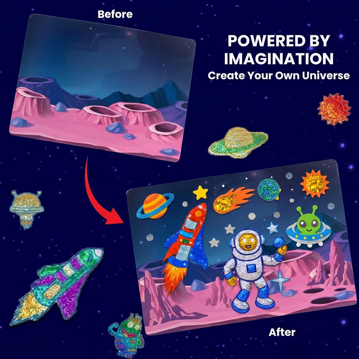 TOYJOS Space Adventure Foil Art Kit for Kids 220+ Pieces No Mess DIY Craft Kit Creative Activity Play Set with Foil Sheets Stickers & Canvases Educational Gift for Boys Girls 4 to 9 Years