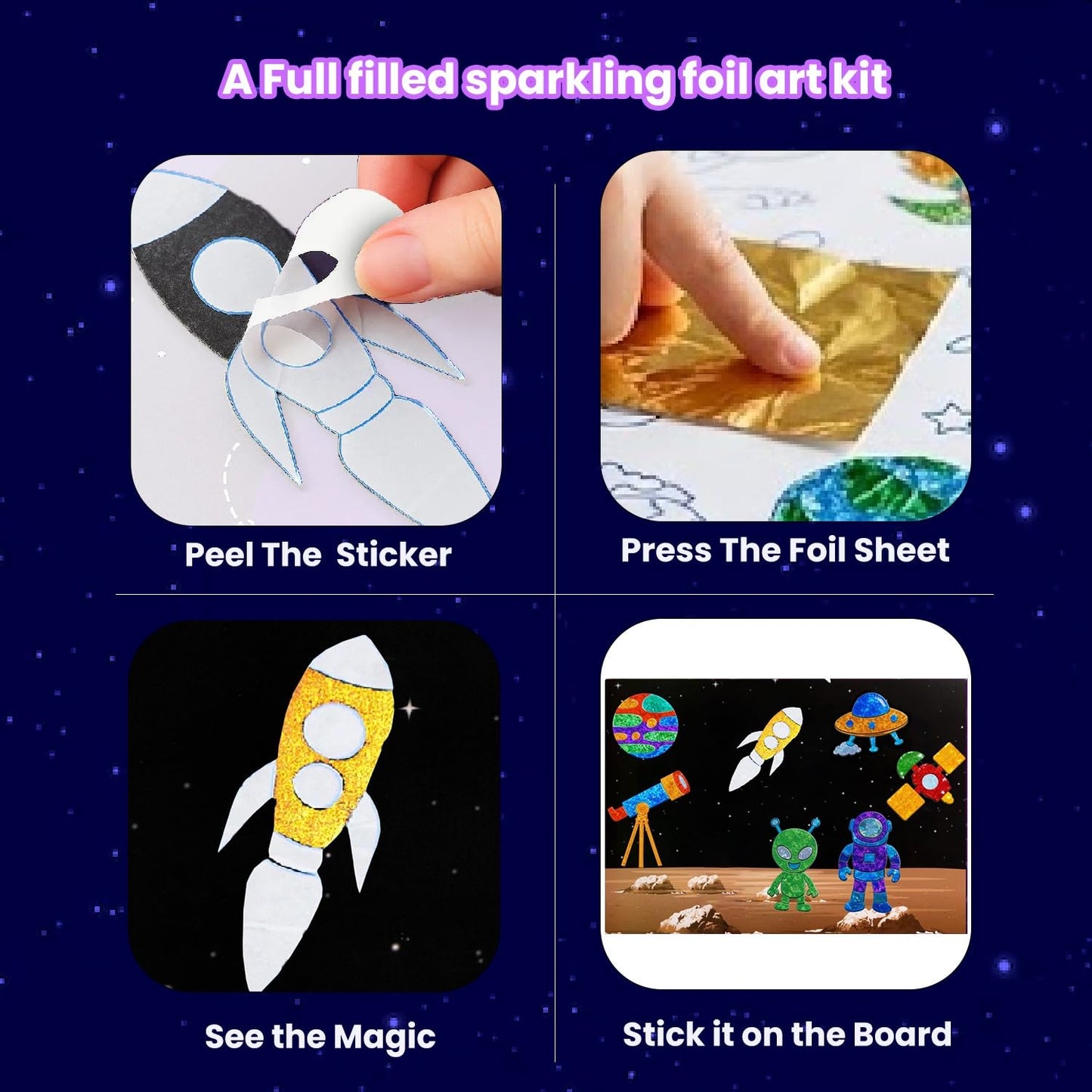 TOYJOS Space Adventure Foil Art Kit for Kids 220+ Pieces No Mess DIY Craft Kit Creative Activity Play Set with Foil Sheets Stickers & Canvases Educational Gift for Boys Girls 4 to 9 Years