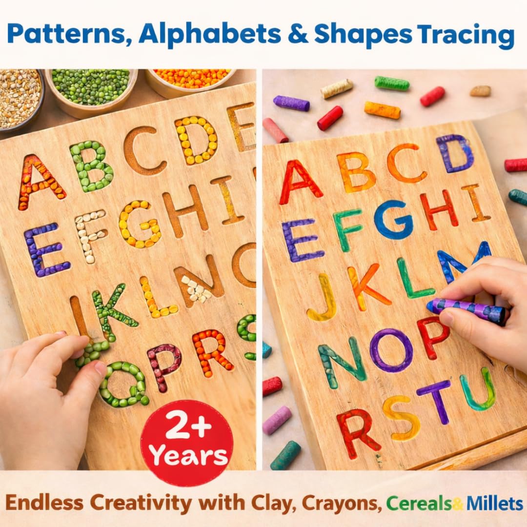 Wooden Tracing Board Combo Set for Kids | English, Math, Tamil Alphabet Letter Engraved Double-Sided Learning Tool | Montessori Learning Writing Slate with Stylus Pen for Ages 2–5 Years