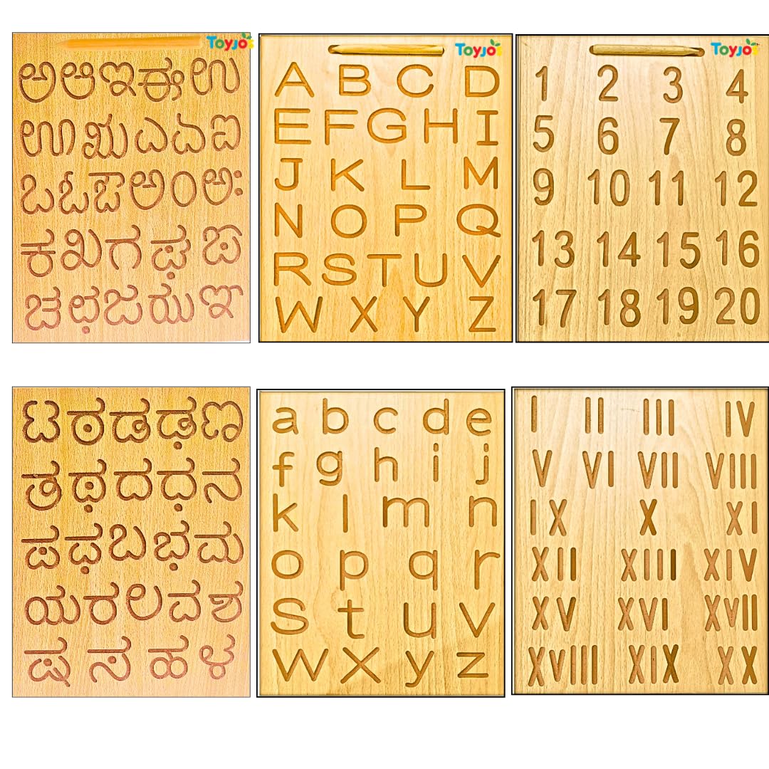 Wooden Tracing Board Combo Set for Kids | English, Maths, Kannada Alphabet Letters Engraved Double-Sided Learning Tool | Montessori Learning Writing Slate with Stylus Pen for Ages 2–5 Years