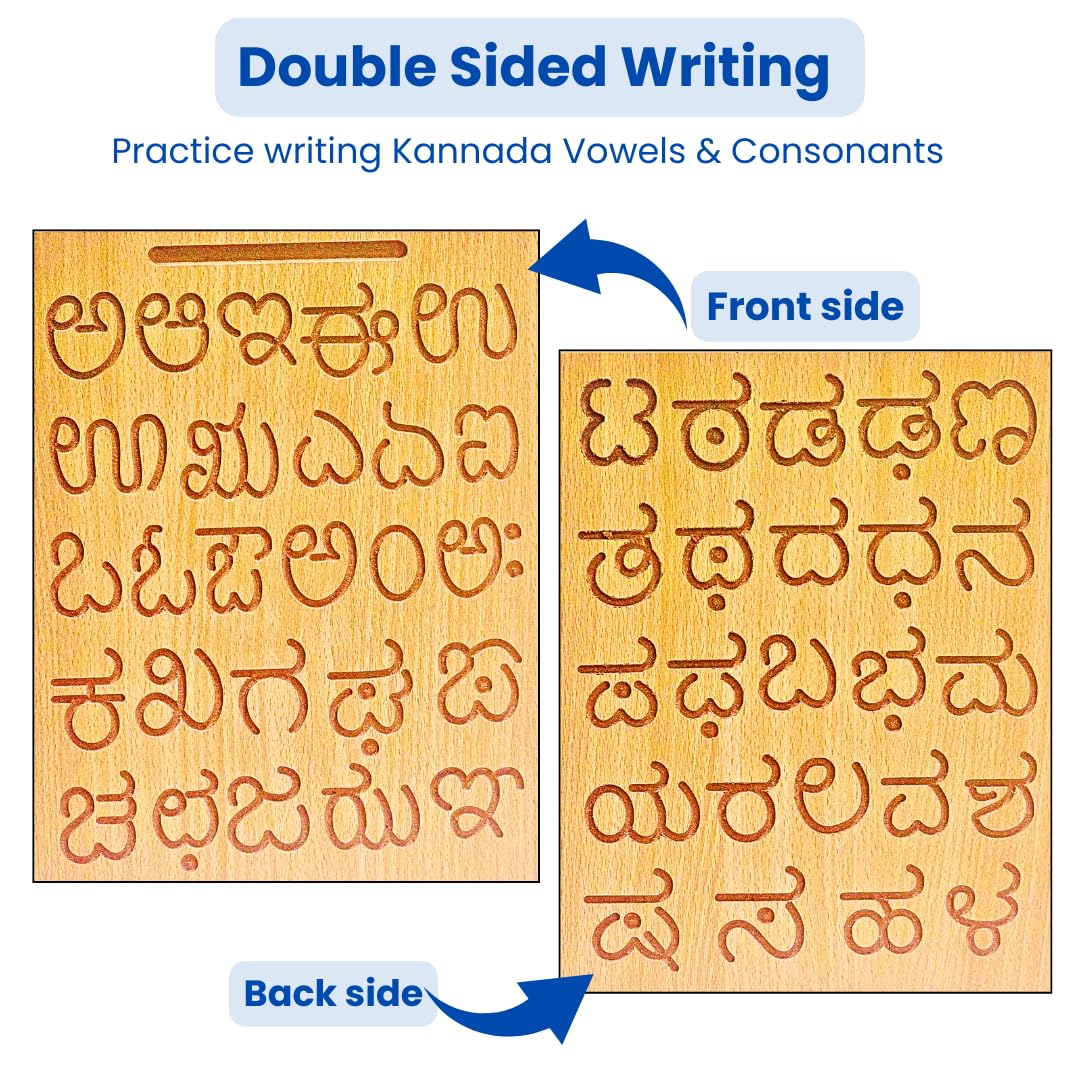 Wooden Tracing Board Combo Set for Kids | English, Maths, Kannada Alphabet Letters Engraved Double-Sided Learning Tool | Montessori Learning Writing Slate with Stylus Pen for Ages 2–5 Years