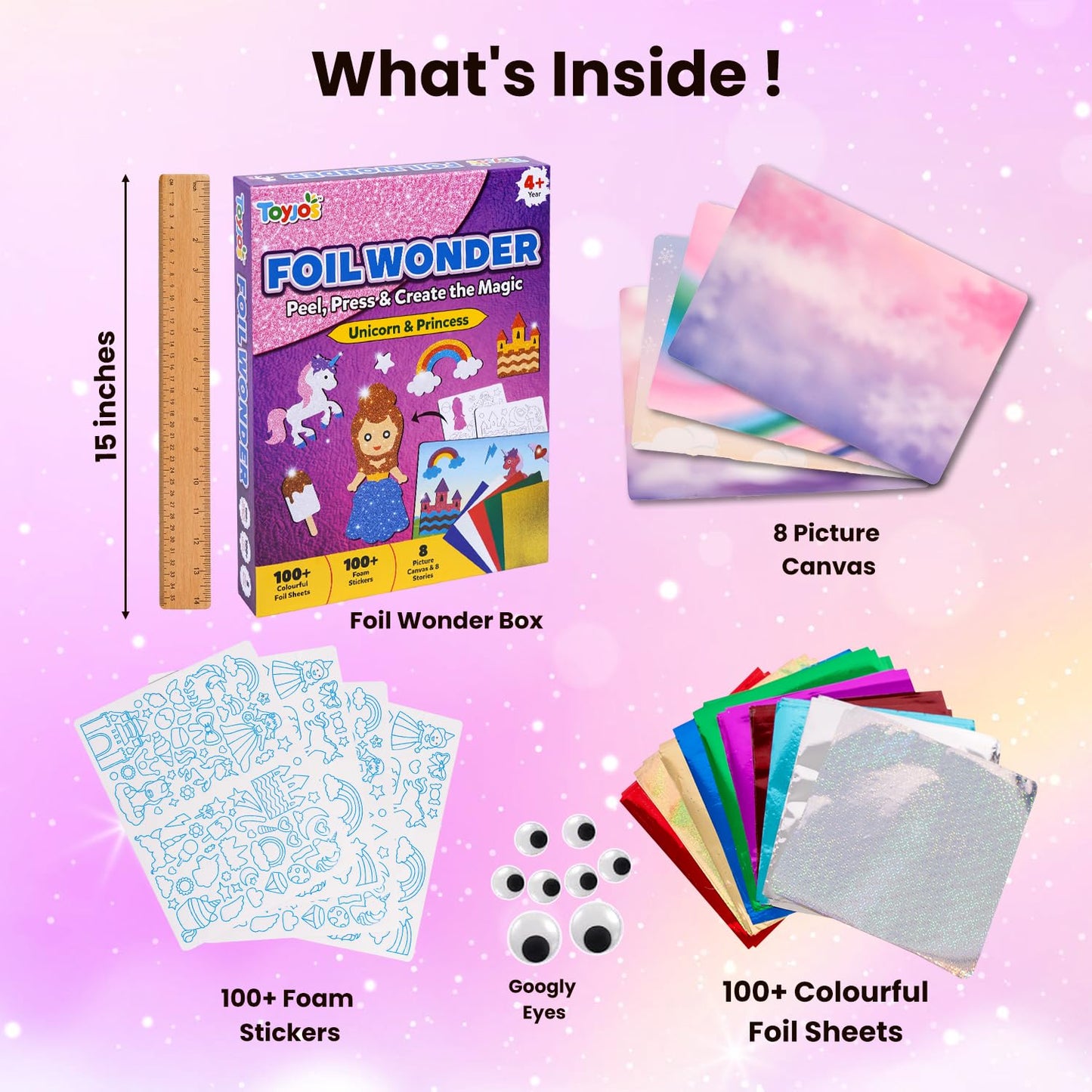 TOYJOS Foil Wonder Unicorn & Princess Art Kit for Kids | No Mess DIY Foil Craft Set | Creative Activity for Girls & Boys Ages 4-9 | Educational Gift & Travel Art Toy for Kids