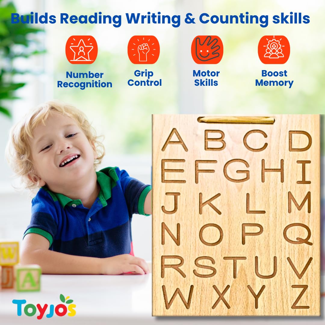 Wooden Alphabet & Number Tracing Boards with Tracing Pen | 2 Double-Sided Boards | Capital & Small Letters + Number Writing (1–20) & Roman Numerals | Montessori Learning Writing Slate (Age 2+)