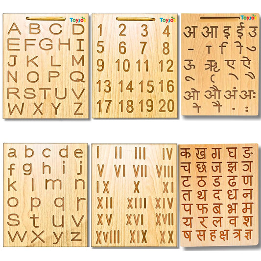 Kids Educational Wooden Tracing Board Set with Stylus Pen | Double-Sided Reversible Alphabets, Hindi, Numbers Writing Slate | Montessori Learning Writing Slate Toy (Age 2+, Set of 3)