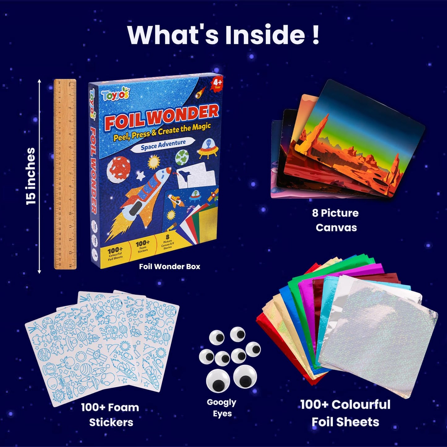 TOYJOS Space Adventure Foil Art Kit for Kids 220+ Pieces No Mess DIY Craft Kit Creative Activity Play Set with Foil Sheets Stickers & Canvases Educational Gift for Boys Girls 4 to 9 Years
