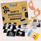 Toyjos Baby's Essentials –Wooden Teethers, Rattlers, High-Contrast Flashcards, Finger Puppets | Wooden Storage Box (0–12 Months)